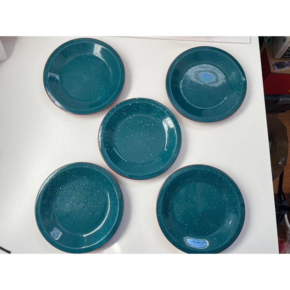 Vintage Set of 5 Green Teal Speckled 10.25" Plates with Red Back Farmhouse
